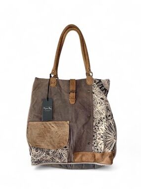 Myra Bag Upcycled Flower Design Canvas Tote Bag Leather Cotton Rustic Boho